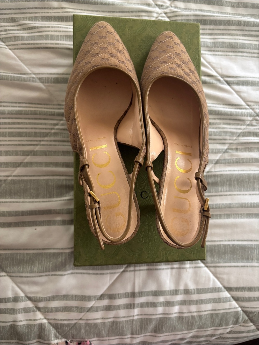 Authentic Gucci Beige/Tan Monogram Pointed Slingback Heels